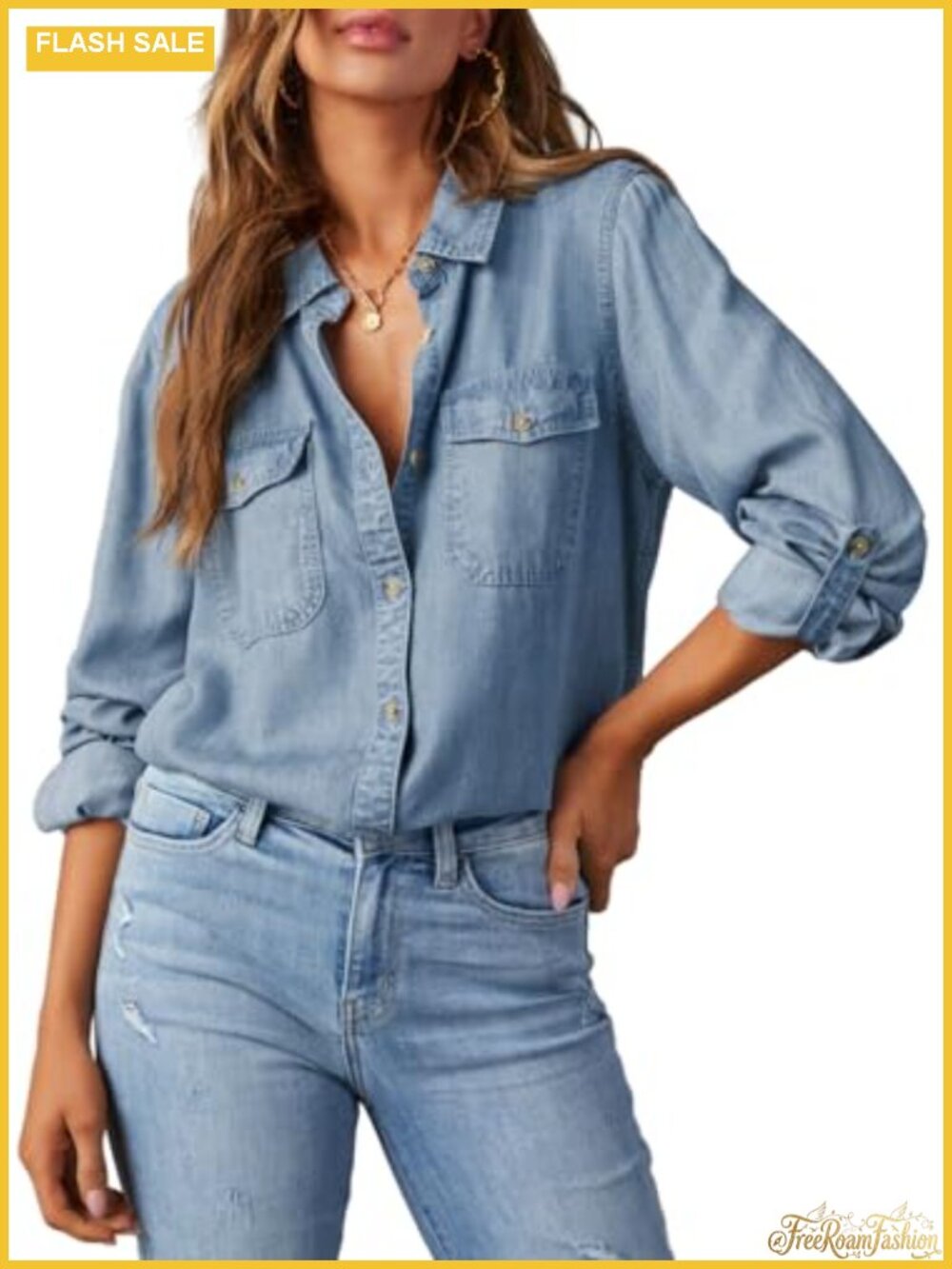 Lyocell Denim Button Down Long Sleeve Blouse Women's Casual